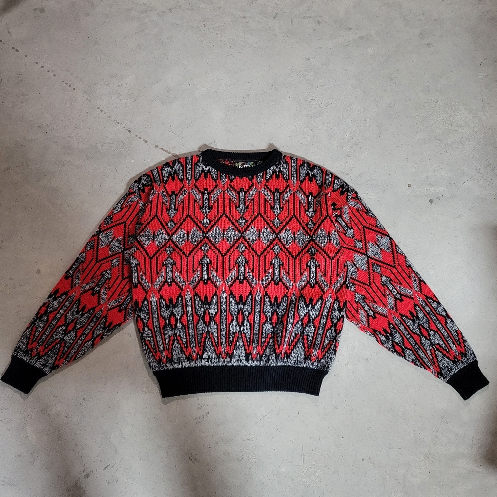 Men's Red and Black Patterned Sweater